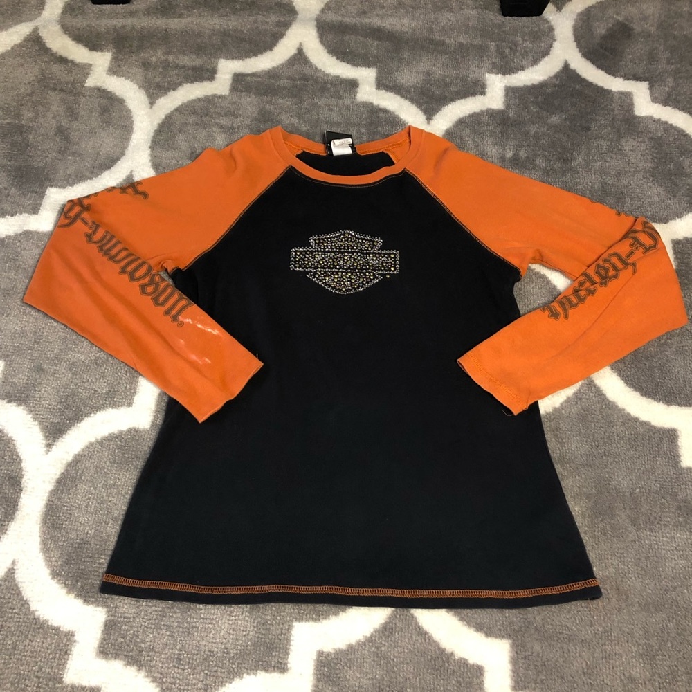 Vintage Harley Davidson Tshirt Womens Large Embellished Spellout Black Orange